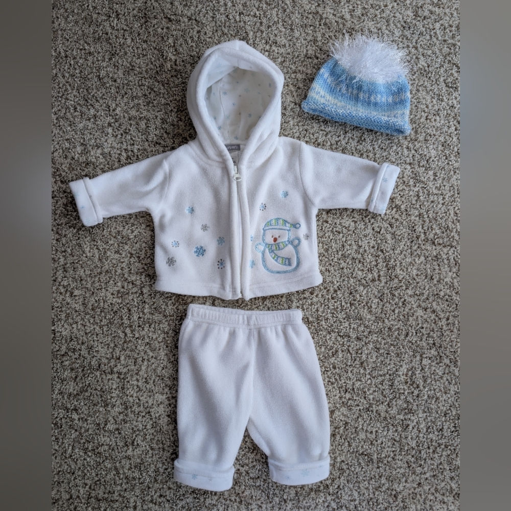 Boys Carter's Fleece Jacket Hoodie Pants Hand Knit Hat Newborn White Snowman